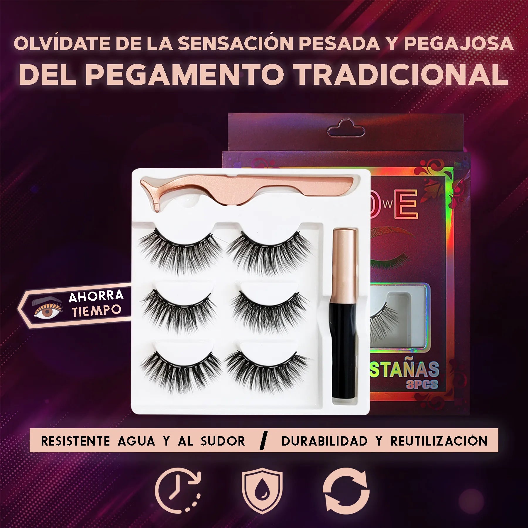 KIT DE PESTAÑAS MAGNETICAS PREMIUM + DELINEADOR Y PINZA DE ACERO